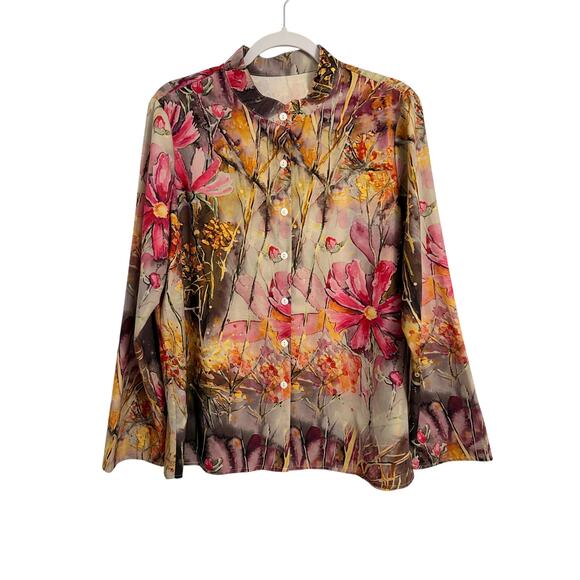 Women's L Cottagecore Floral Long Sleeve Button Front Lightweight Blouse Bloom - Picture 1 of 7